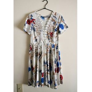 Lace up front, floral print, flare dress